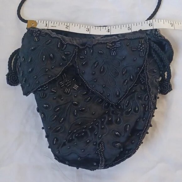 Beaded Mini Drawstring Shoulder Bag Purse Fully Lined Womens Black, 6"x6" EUC - Picture 9 of 12